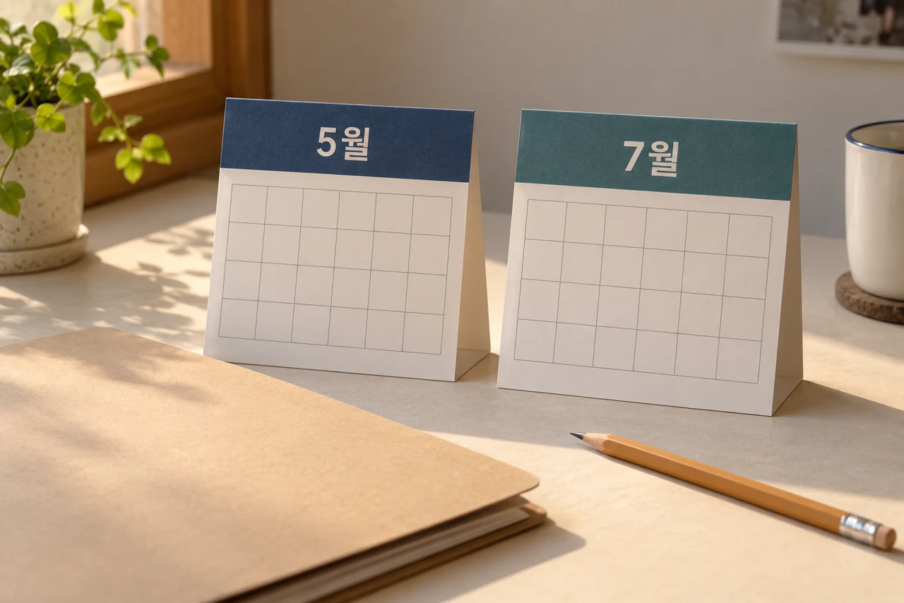 AI 생성 예시: 5월과 7월을 나란히 놓은 빈 달력