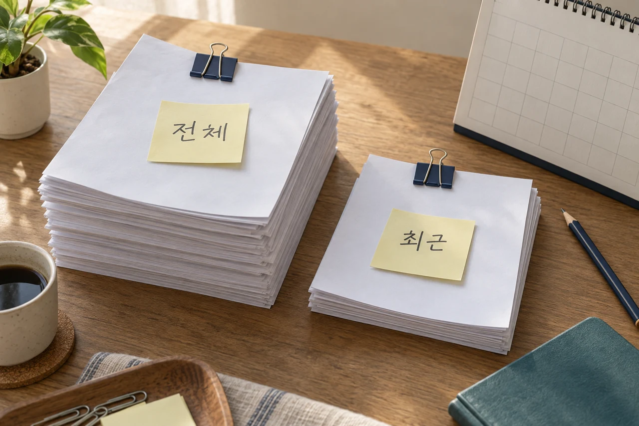 AI 생성 예시: 전체와 최근으로 나눈 일반 종이 묶음